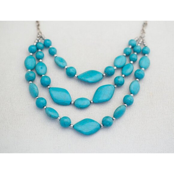 18 Inch Turquoise style Beaded Bib Necklace With Three Strands - T1 - Picture 3 of 4